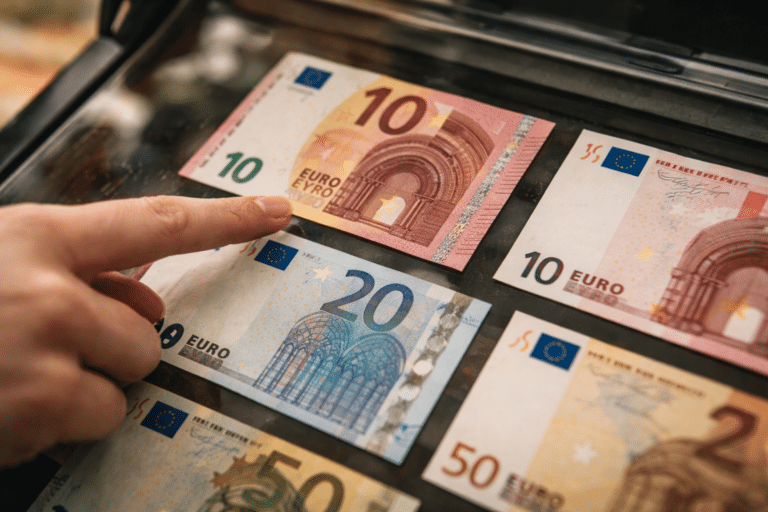 Constelación de EURion: El secreto técnico por el que no puedes fotocopiar ni escanear billetes 3 Dedo señalando un billete de 10 euros donde se aprecia la constelación de EURion, el patrón anti-copia.