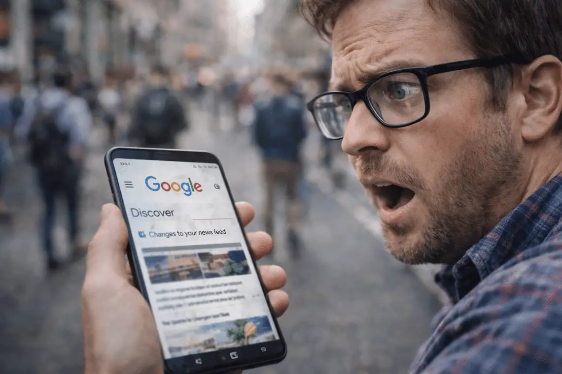 Hombre sorprendido mirando Google Discover en su móvil tras un google discover core update que cambia el feed de noticias.