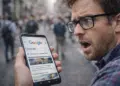 Hombre sorprendido mirando Google Discover en su móvil tras un google discover core update que cambia el feed de noticias.