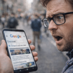 Hombre sorprendido mirando Google Discover en su móvil tras un google discover core update que cambia el feed de noticias.