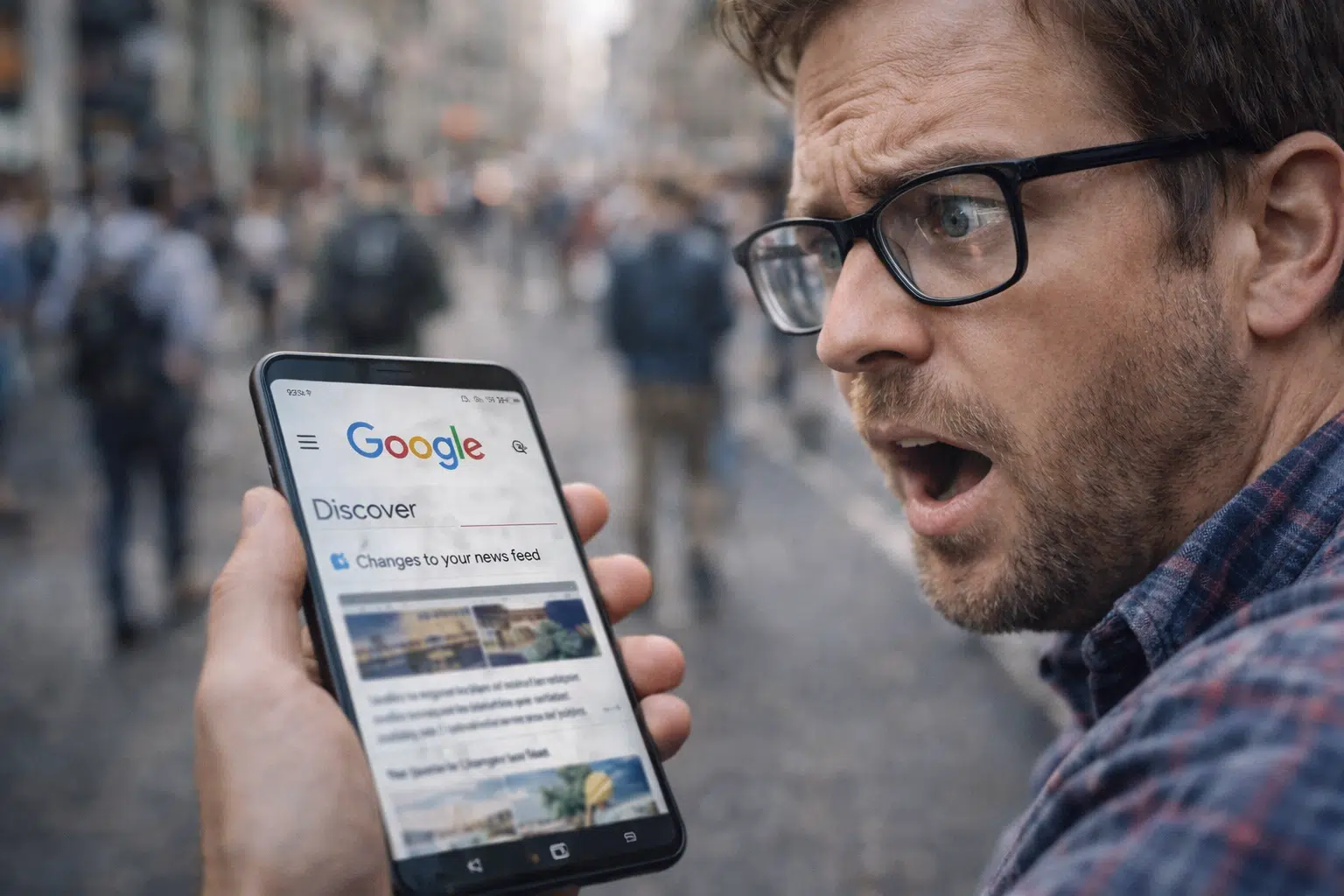 Hombre sorprendido mirando Google Discover en su móvil tras un google discover core update que cambia el feed de noticias.