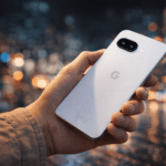 Google Pixel 10a en color blanco sostenido en la mano, mostrando el nuevo módulo de cámara sin barra en un entorno urbano nocturno.