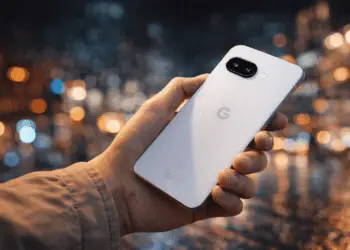 Google Pixel 10a en color blanco sostenido en la mano, mostrando el nuevo módulo de cámara sin barra en un entorno urbano nocturno.