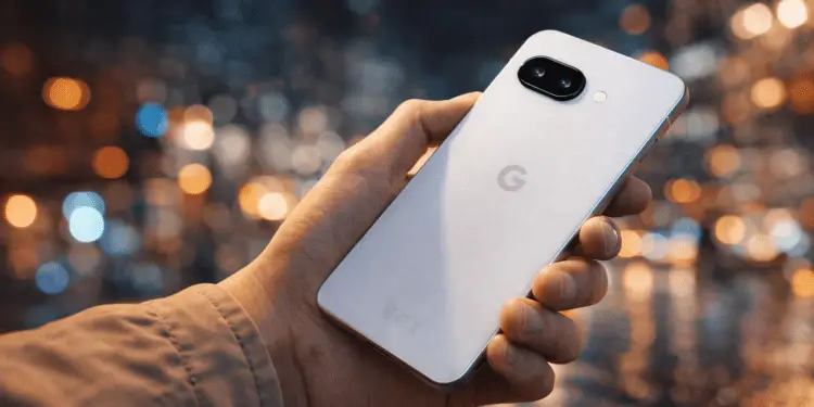 Google Pixel 10a en color blanco sostenido en la mano, mostrando el nuevo módulo de cámara sin barra en un entorno urbano nocturno.
