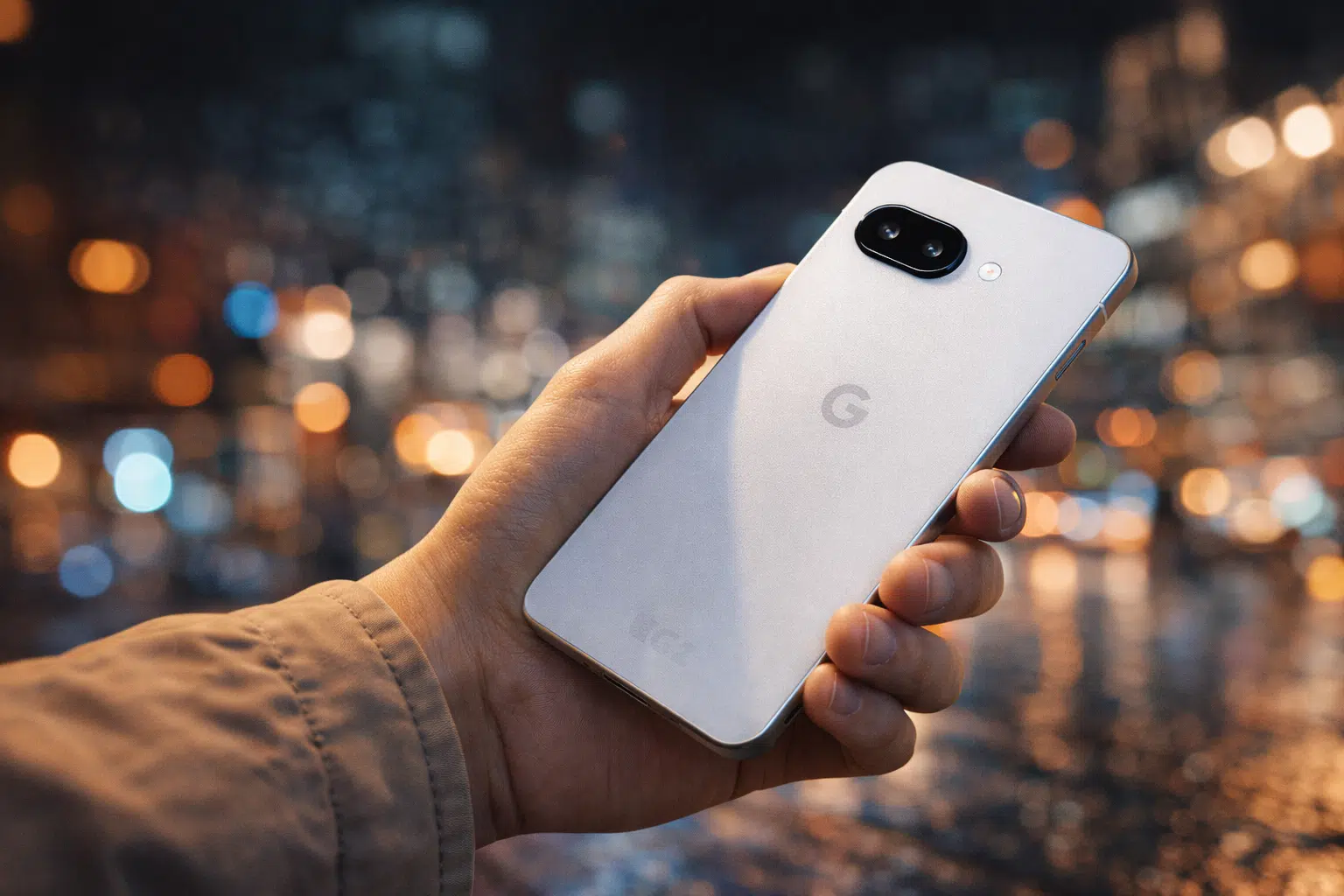 Google Pixel 10a en color blanco sostenido en la mano, mostrando el nuevo módulo de cámara sin barra en un entorno urbano nocturno.