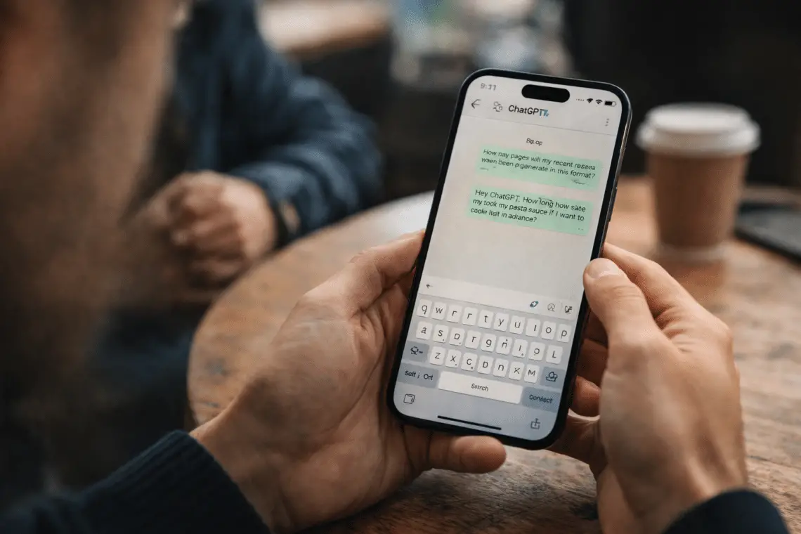 Persona usando WhatsApp en el móvil en una cafetería, ideal para explicar el Modo Restrictivo Whatsapp y proteger chats.