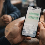 Persona usando WhatsApp en el móvil en una cafetería, ideal para explicar el Modo Restrictivo Whatsapp y proteger chats.