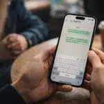 Persona usando WhatsApp en el móvil en una cafetería, ideal para explicar el Modo Restrictivo Whatsapp y proteger chats.