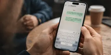 Persona usando WhatsApp en el móvil en una cafetería, ideal para explicar el Modo Restrictivo Whatsapp y proteger chats.