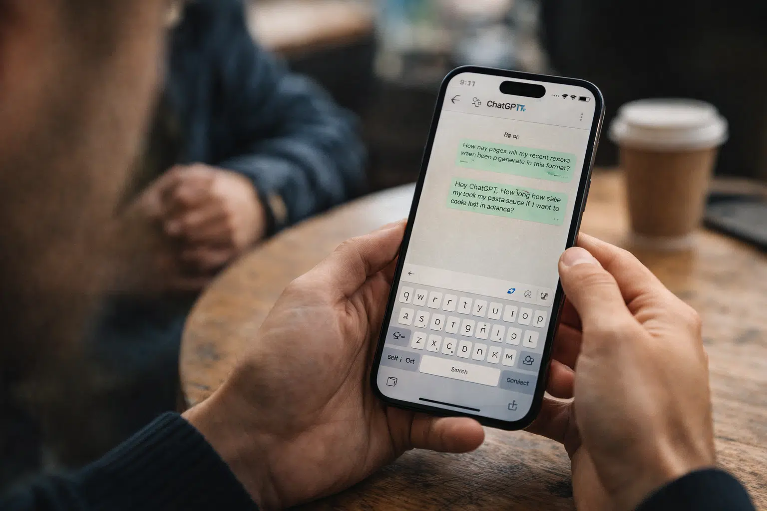 Persona usando WhatsApp en el móvil en una cafetería, ideal para explicar el Modo Restrictivo Whatsapp y proteger chats.