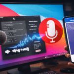 Celular Android funcionando como micrófono para PC mediante una app, conectado a una computadora con señal de audio en pantalla