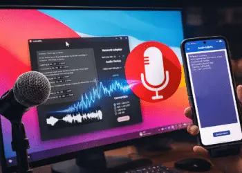Celular Android funcionando como micrófono para PC mediante una app, conectado a una computadora con señal de audio en pantalla