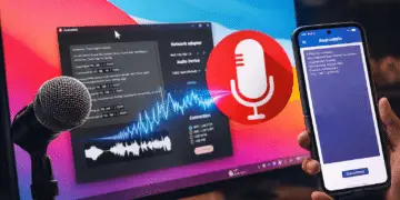 Celular Android funcionando como micrófono para PC mediante una app, conectado a una computadora con señal de audio en pantalla