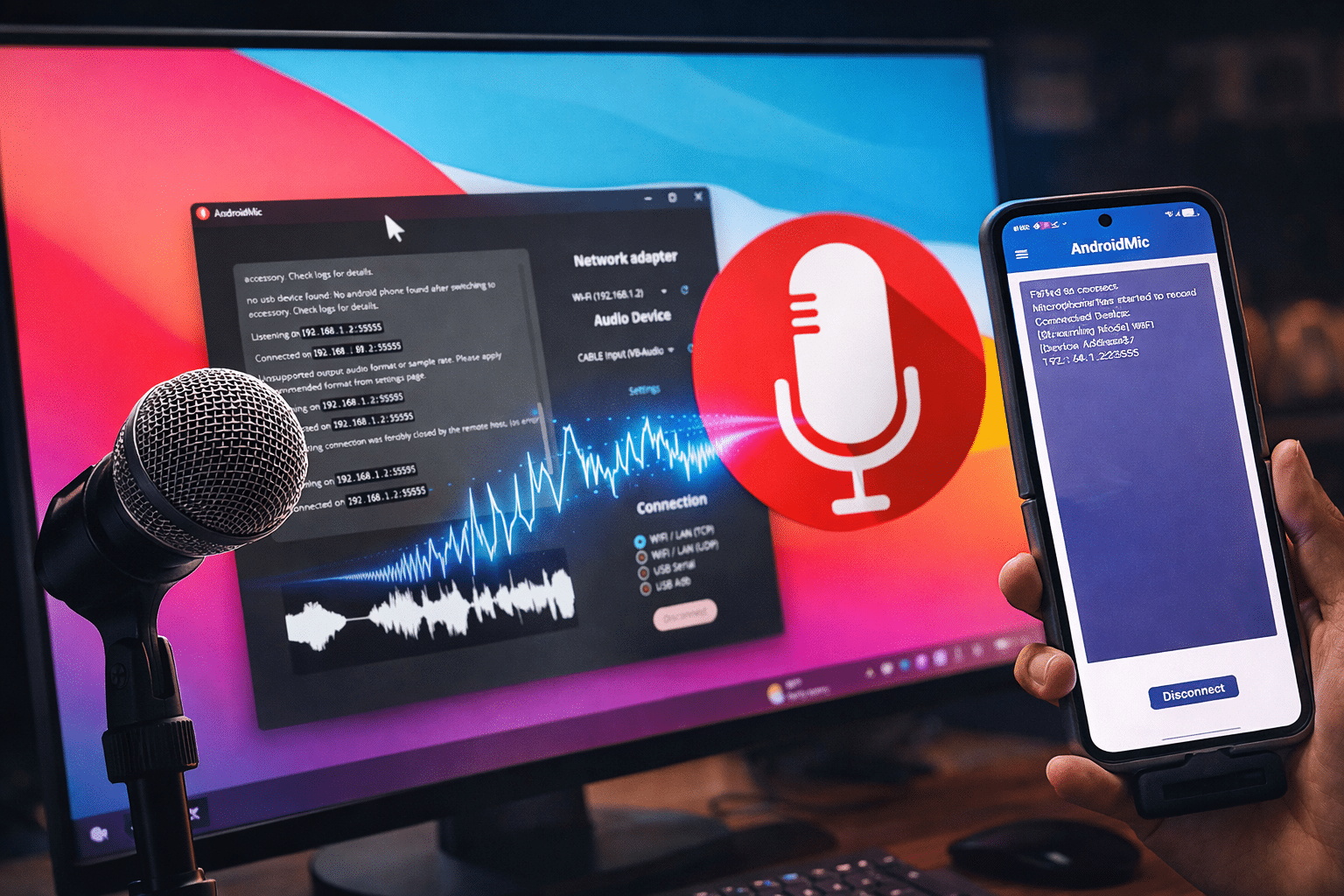 Celular Android funcionando como micrófono para PC mediante una app, conectado a una computadora con señal de audio en pantalla