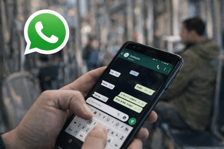 Smartphone con WhatsApp abierto mostrando un chat en transporte público y el logo de whatsapp destacado.