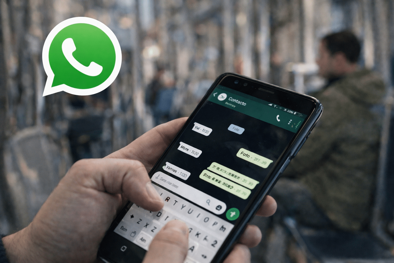 Smartphone con WhatsApp abierto mostrando un chat en transporte público y el logo de whatsapp destacado.