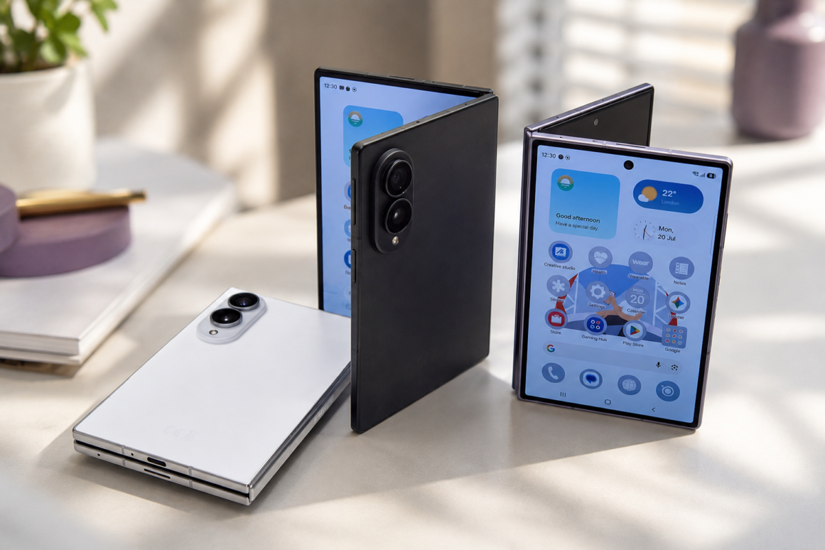 Teléfonos plegables Samsung Galaxy Z Fold 8 desplegados y cerrados sobre una mesa mostrando sus pantallas y cámaras.