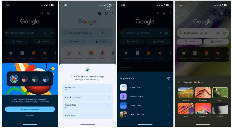 Chrome para Android ya deja personalizar el fondo 2 Cuatro capturas de pantalla secuenciales que muestran el proceso para personalizar la página de inicio, cambiar el color del tema y elegir colecciones de fondos en la aplicación de Google Chrome para Android.