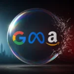 Burbuja de jabón transparente rompiéndose con los logotipos de Google, Meta y Amazon dentro, con una silueta de ciudad al fondo