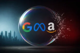 Burbuja de jabón transparente rompiéndose con los logotipos de Google, Meta y Amazon dentro, con una silueta de ciudad al fondo
