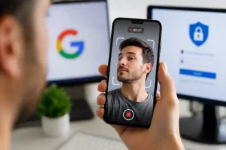 Persona grabando un video selfie en el móvil para la recuperación de una cuenta de Google.