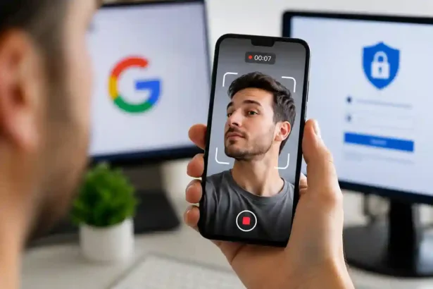 Persona grabando un video selfie en el móvil para la recuperación de una cuenta de Google.
