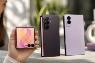 Varios smartphones plegables Samsung Galaxy Z Fold y Z Flip exhibidos sobre una mesa junto a una mano sosteniendo un dispositivo.