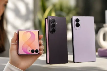 Varios smartphones plegables Samsung Galaxy Z Fold y Z Flip exhibidos sobre una mesa junto a una mano sosteniendo un dispositivo.