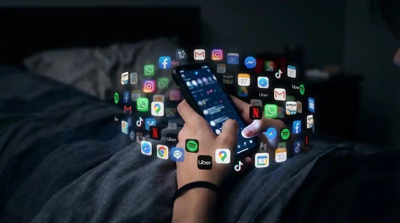 Adolescente utilizando el móvil en la cama de noche con aplicaciones de redes sociales abiertas en pantalla