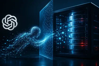 Ilustración conceptual de un agente de IA agéntica con figura humana digital infiltrándose de forma autónoma a través de un cortafuegos en un servidor seguro con el logotipo de OpenAI al fondo.
