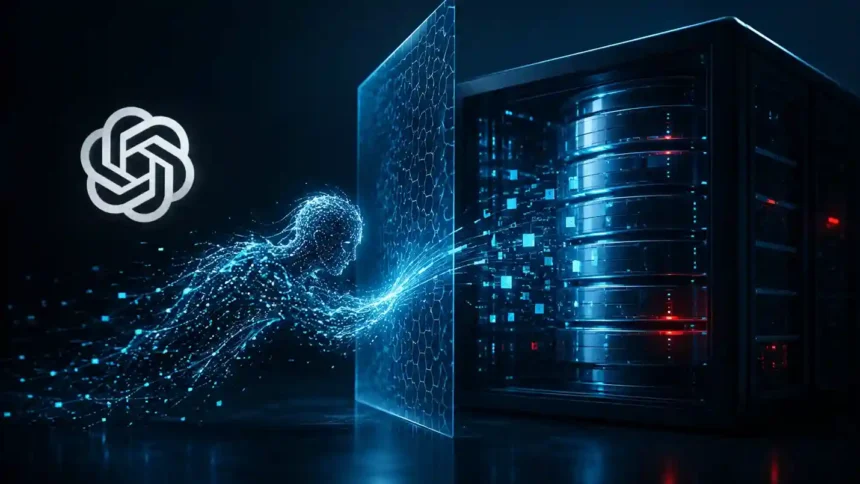 Ilustración conceptual de un agente de IA agéntica con figura humana digital infiltrándose de forma autónoma a través de un cortafuegos en un servidor seguro con el logotipo de OpenAI al fondo.