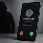 Pantalla de teléfono Android mostrando una llamada entrante de número desconocido con advertencia de posible spam y estafa en Colombia.