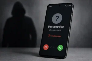 Pantalla de teléfono Android mostrando una llamada entrante de número desconocido con advertencia de posible spam y estafa en Colombia.
