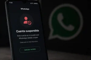 Pantalla de un teléfono celular Android mostrando una alerta de cuenta suspendida en WhatsApp con fondo oscuro.