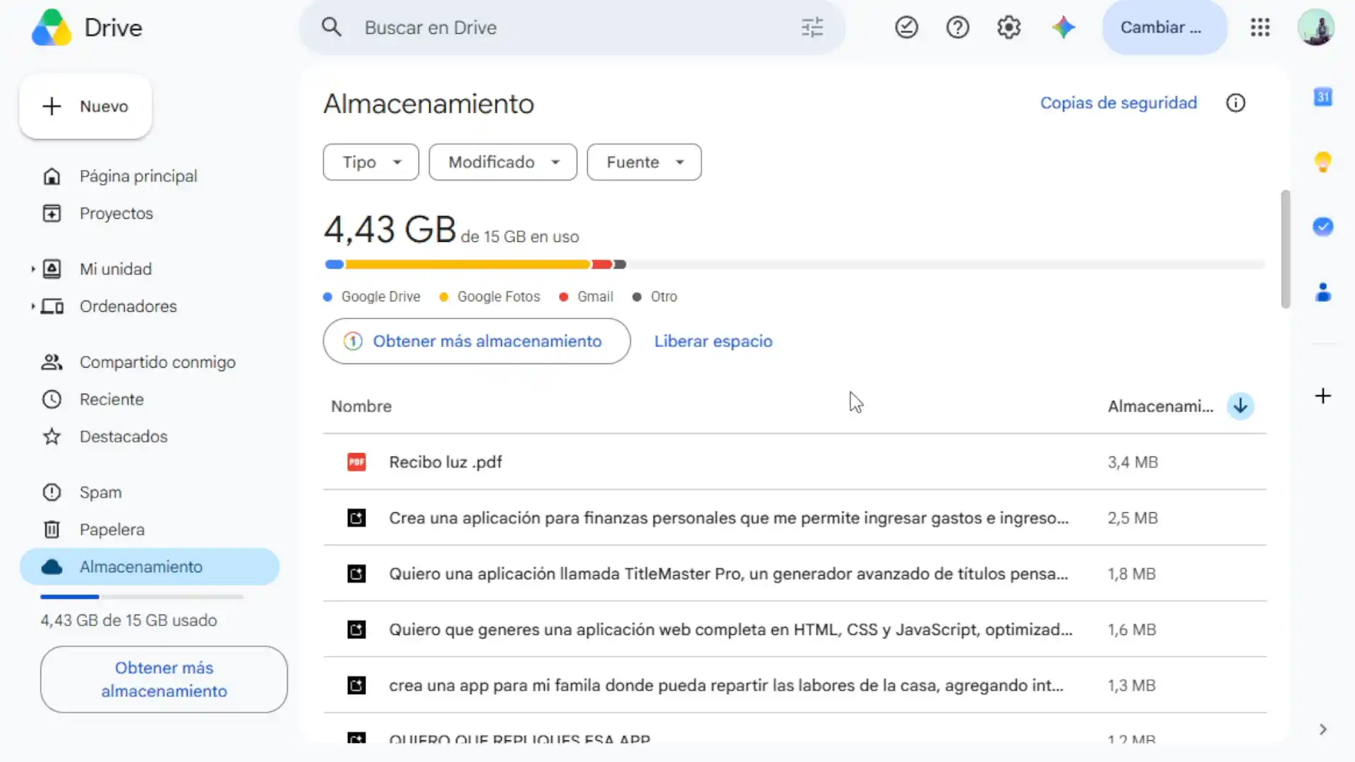 Archivos ordenados por tamaño en Google Drive