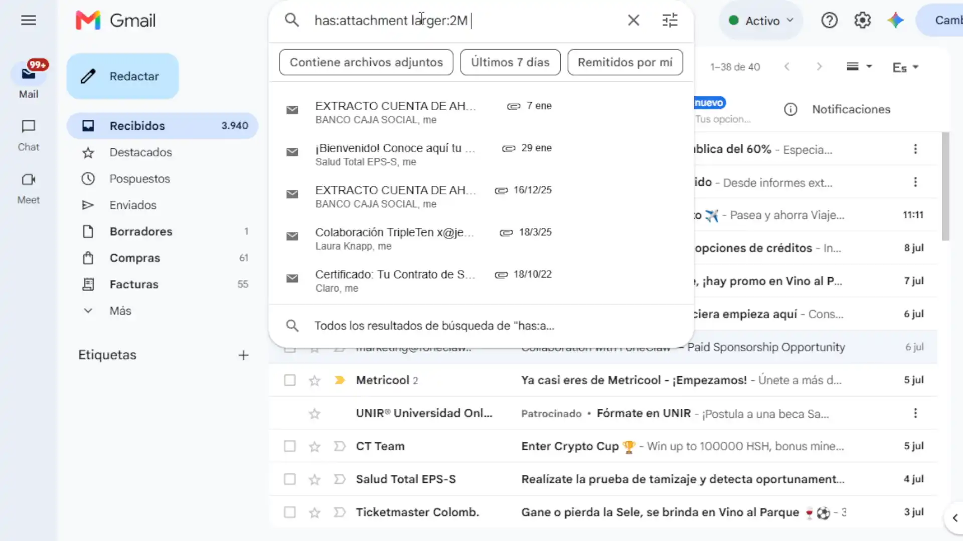 Buscar correos con archivos grandes en Gmail