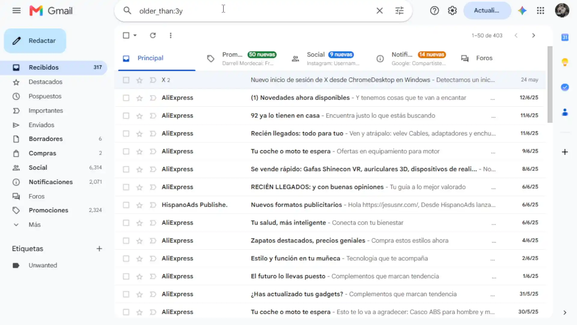 Correos con más de tres años en Gmail