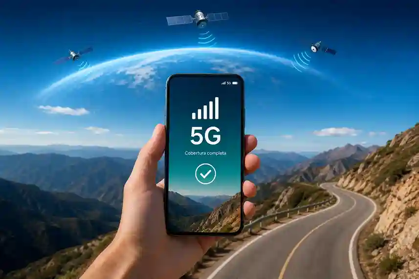 Mano sosteniendo un celular con señal 5G y cobertura completa conectándose a satélites en una carretera de montaña.
