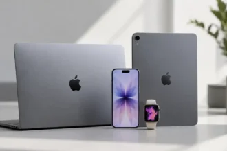 MacBook, iPhone, Apple Watch e iPad colocados en posición vertical sobre un escritorio iluminado por el sol.