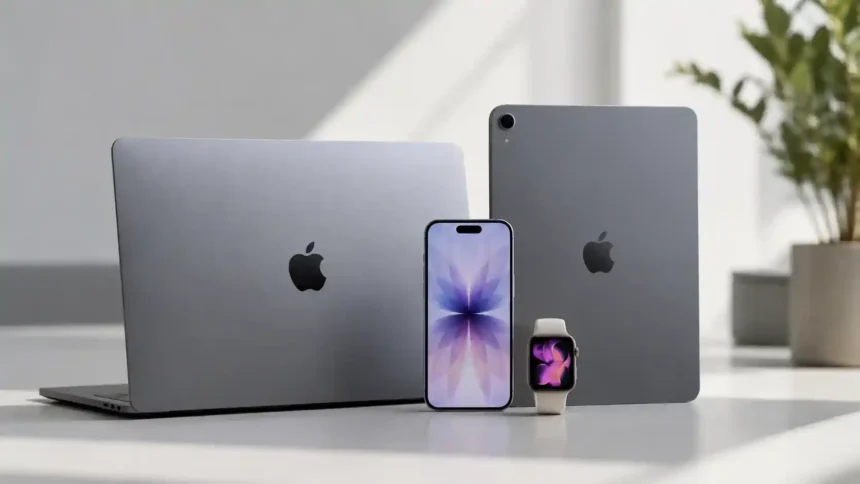 MacBook, iPhone, Apple Watch e iPad colocados en posición vertical sobre un escritorio iluminado por el sol.