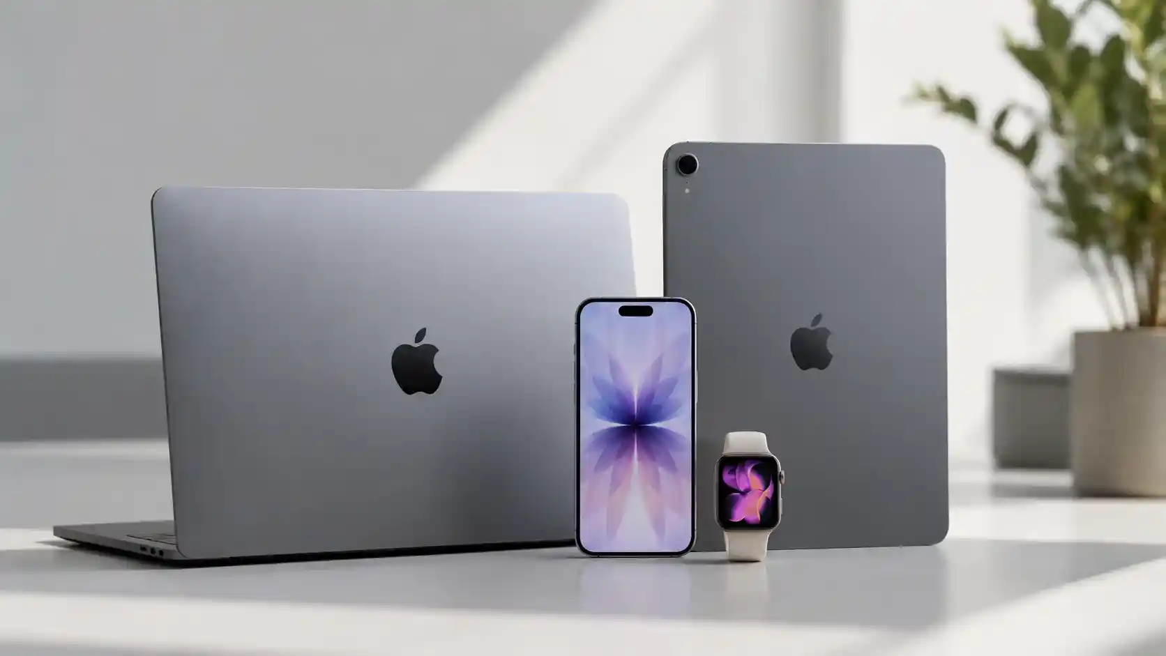 MacBook, iPhone, Apple Watch e iPad colocados en posición vertical sobre un escritorio iluminado por el sol.