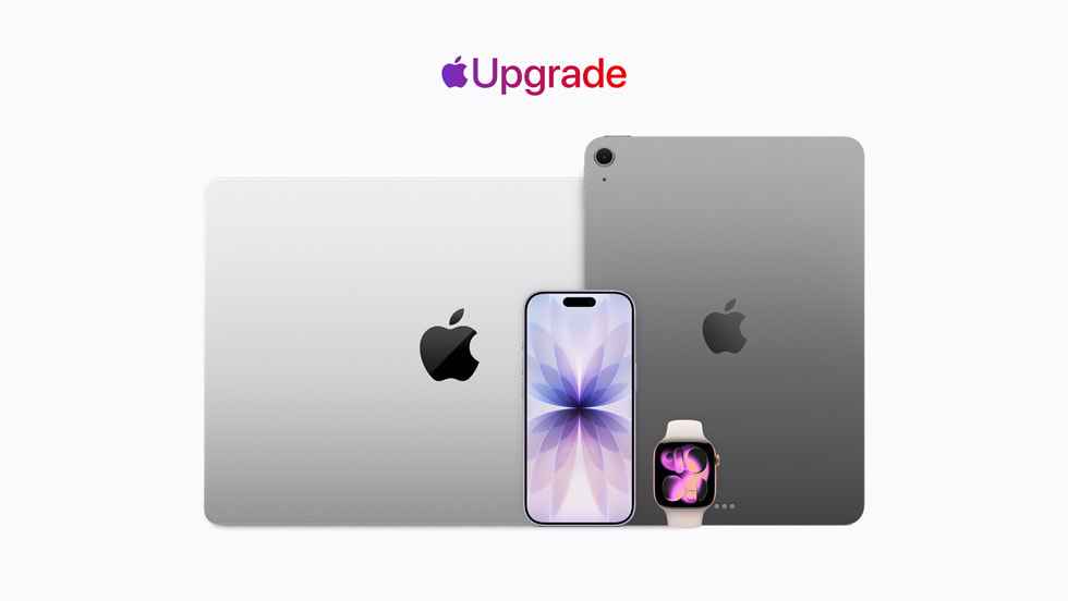 Gama de productos Apple que incluye una MacBook, un iPad, un iPhone y un Apple Watch alineados sobre fondo blanco.
