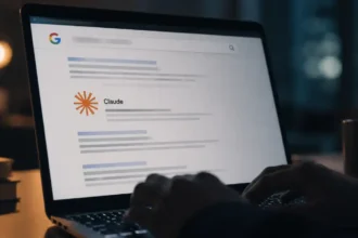 Portátil mostrando el logo de Claude integrado en el buscador de Google en una simulación de filtración de datos.