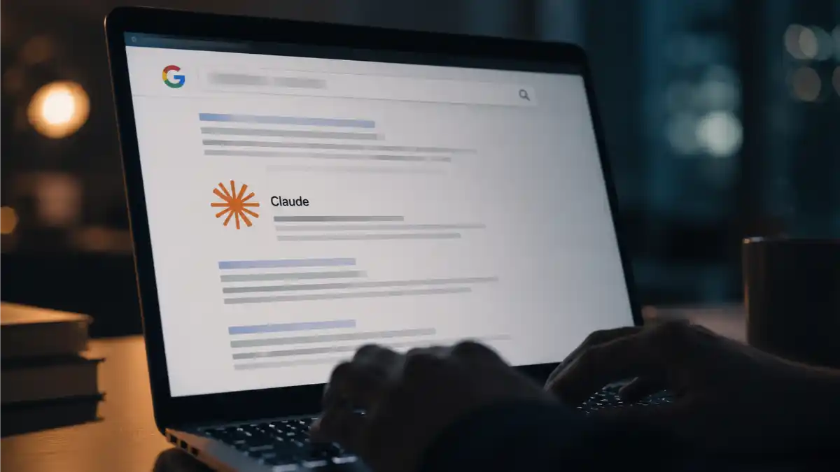 Portátil mostrando el logo de Claude integrado en el buscador de Google en una simulación de filtración de datos.