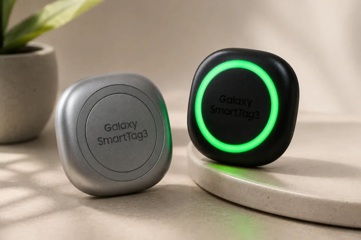 Filtran el diseño del Galaxy SmartTag 3 y le falta algo clave 2 Filtración del diseño del Samsung Galaxy SmartTag 3 en colores negro y plateado con un anillo LED verde brillante.