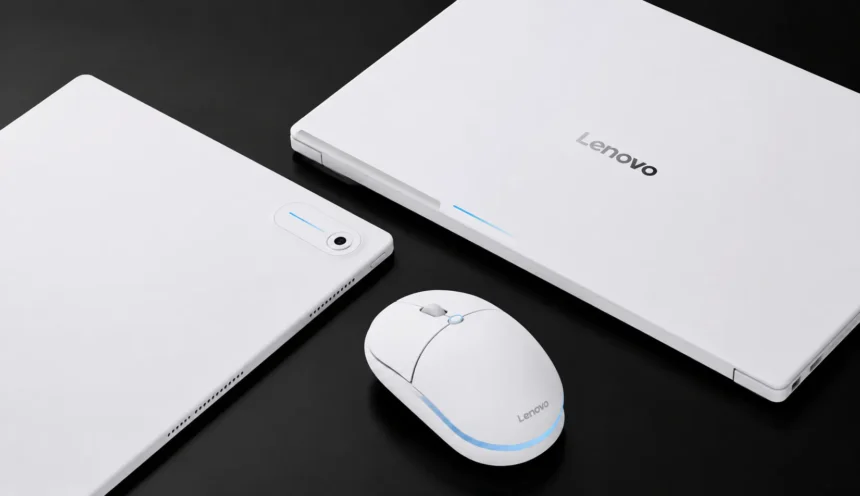 Lenovo filtra tres Googlebooks: laptops, tablet y ratón IA 1 Filtración de los nuevos dispositivos Googlebook de Lenovo de color blanco sobre un fondo oscuro, mostrando una laptop, una tablet y el ratón con inteligencia artificial para Núñez Tech.