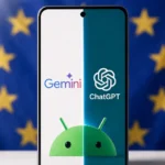 Pantalla de smartphone dividida con logotipos de Google Gemini y ChatGPT sobre el icono de Android y fondo de la Unión Europea.