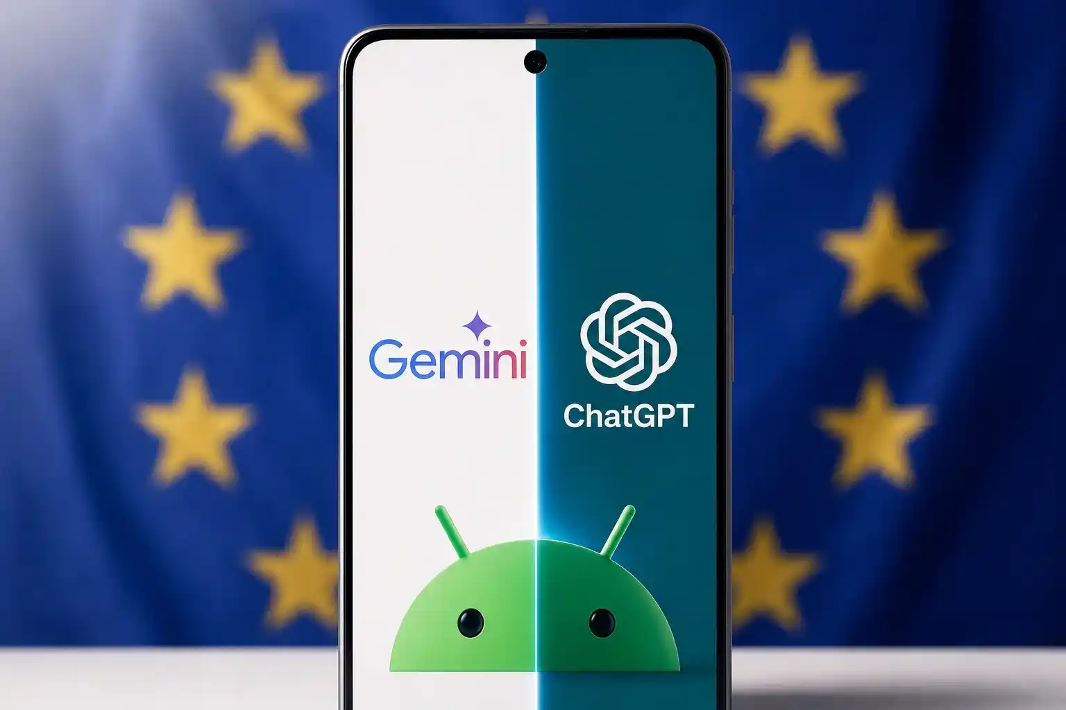 Adiós al monopolio de Gemini: Europa obliga a Google a abrir Android por completo a ChatGPT y otras IA 1 Pantalla de smartphone dividida con logotipos de Google Gemini y ChatGPT sobre el icono de Android y fondo de la Unión Europea.