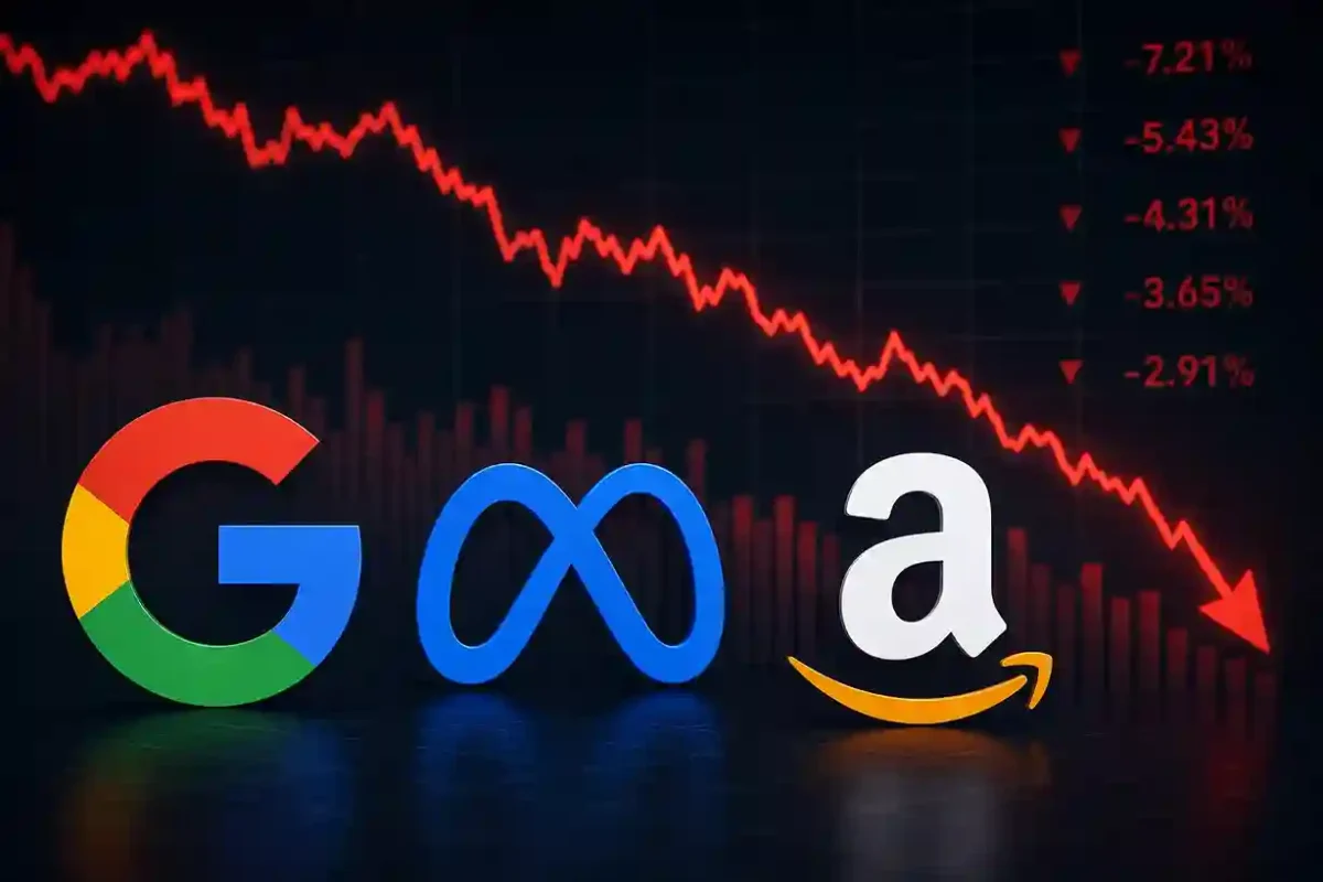 Gráfico de línea roja descendente con pérdidas porcentuales detrás de los logotipos de Google, Meta y Amazon.