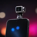 Primer plano del Honor Robot Phone mostrando su módulo de cámara robótica con brazo mecánico de titanio desplegado sobre la pantalla con dos círculos azules luminosos.